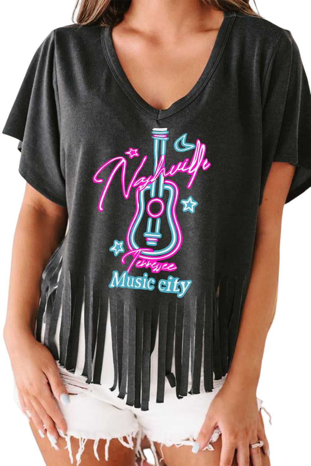 Nashville Guitar Slogan Print Fringed V Neck Graphic Tee
