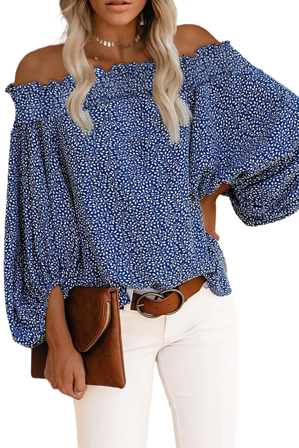 Off Shoulder Floral Print Lantern Sleeve Blouse