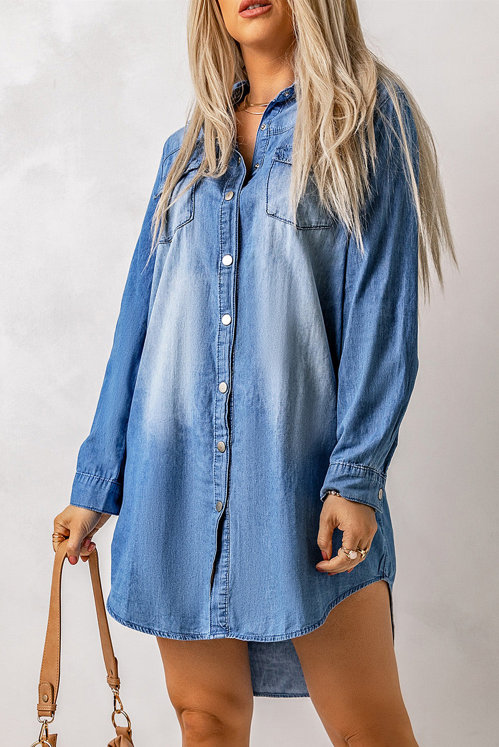 Flap Pockets Snap Button Denim Mini Dress