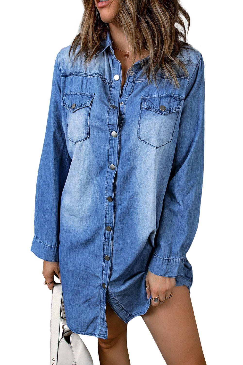 Flap Pockets Snap Button Denim Mini Dress