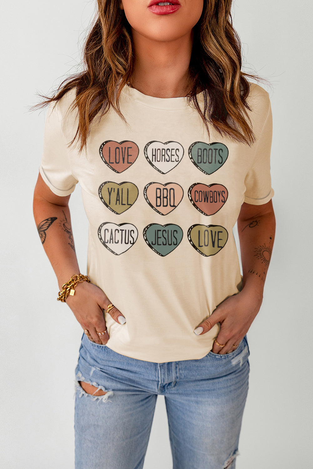 Khaki Heart Shaped Letters Print Crewneck Graphic Tee