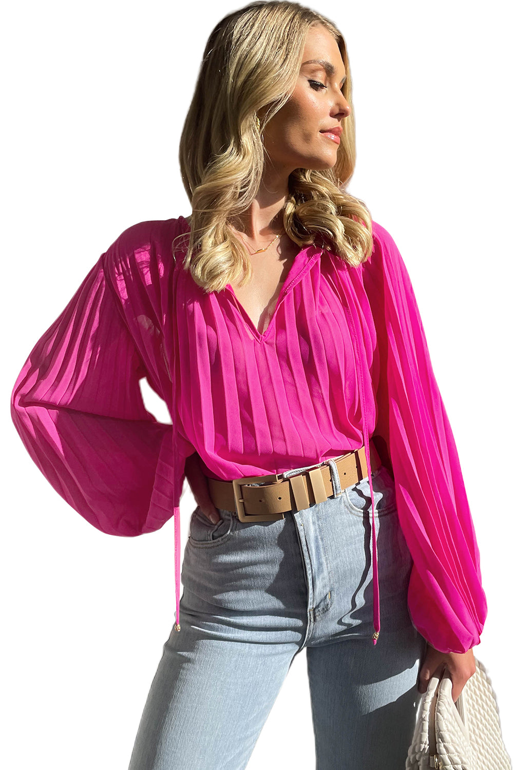 Pleated Bead String Tie V Neck Blouse