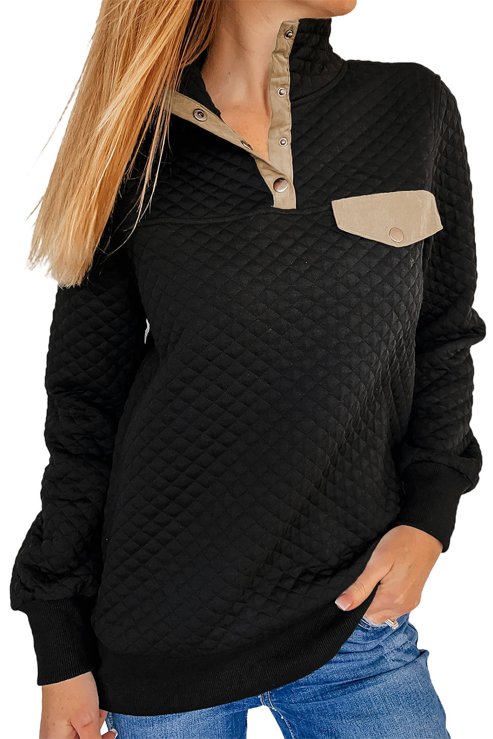 Black Quilted Snaps Stand Neck Sweatshirt with Fake Front Pocket