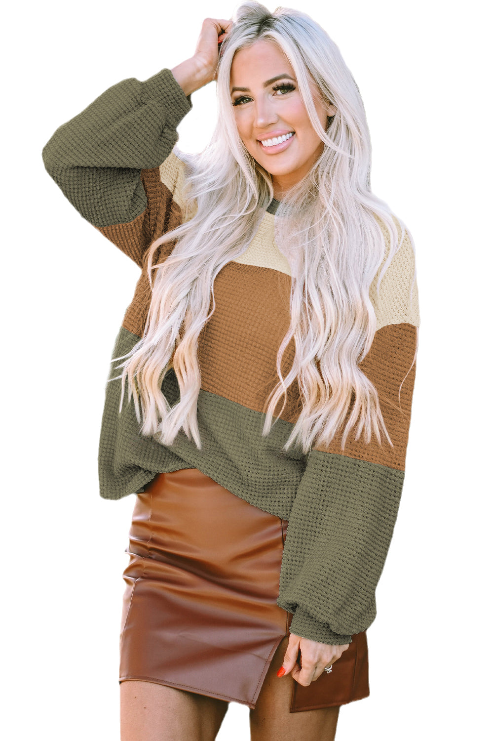 Green Stripe Textured Color Block Bubble Sleeve Baggy Top