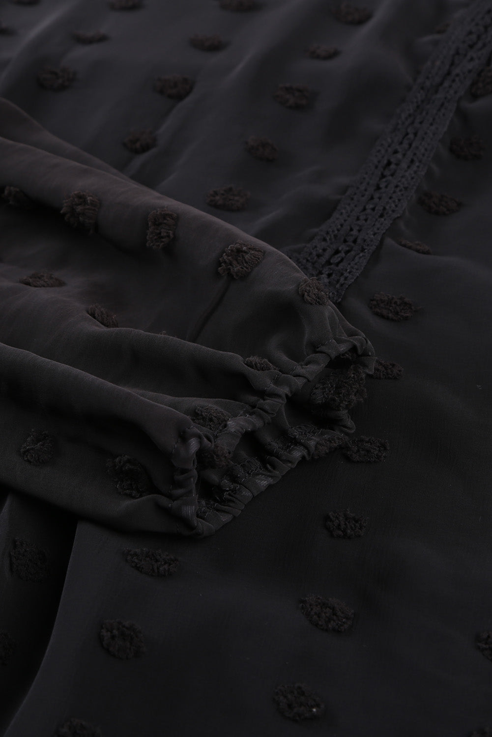 Black Swiss Dot Split Neck Ruffle Babydoll Blouse