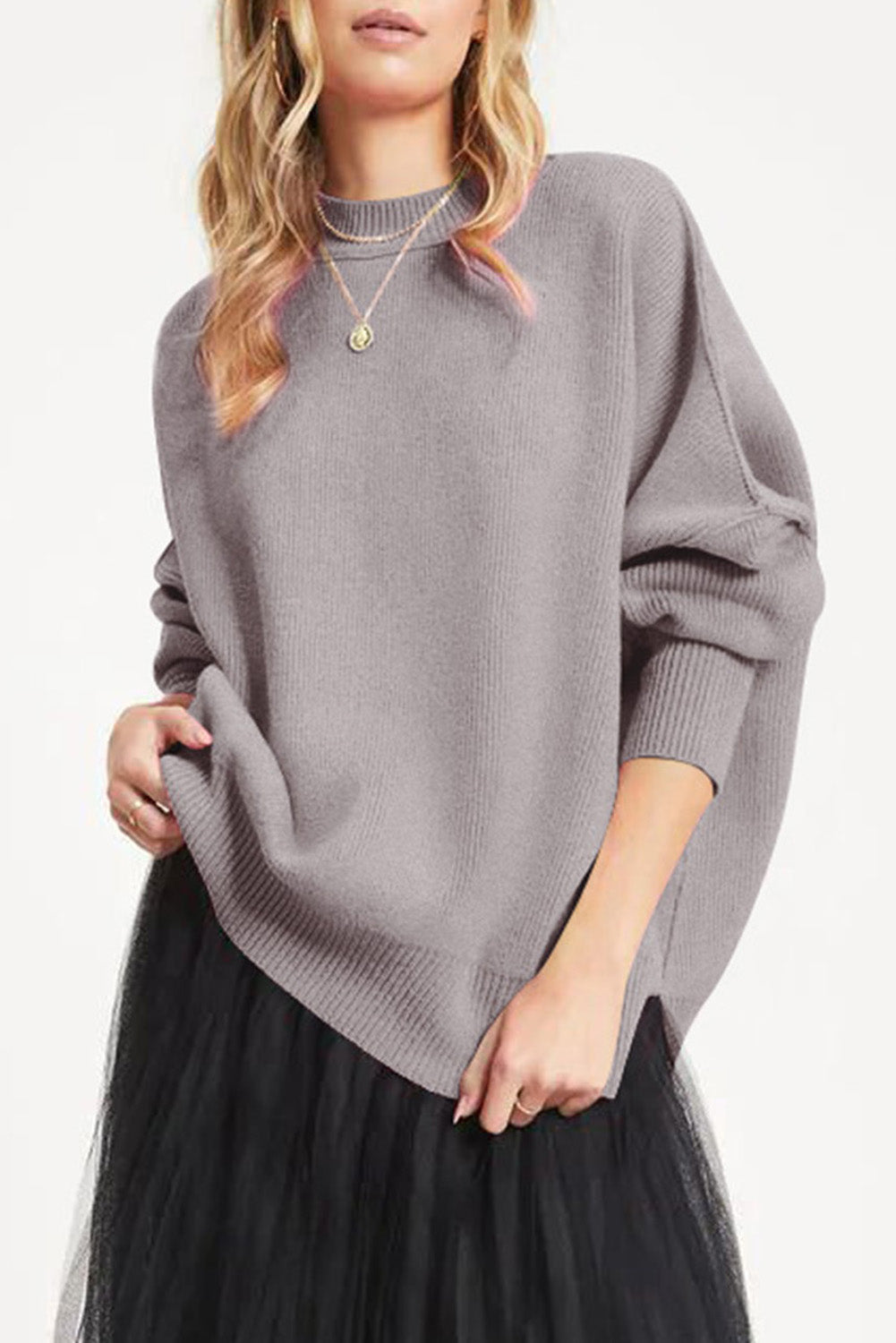 Black Oversized Drop Shoulder Bubble Sleeve Pullover Sweater