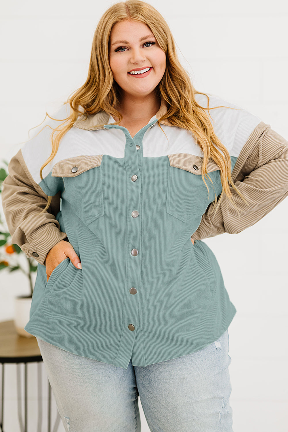 Multicolor Color Block Buttoned Pocket Corduroy Plus Size Jacket