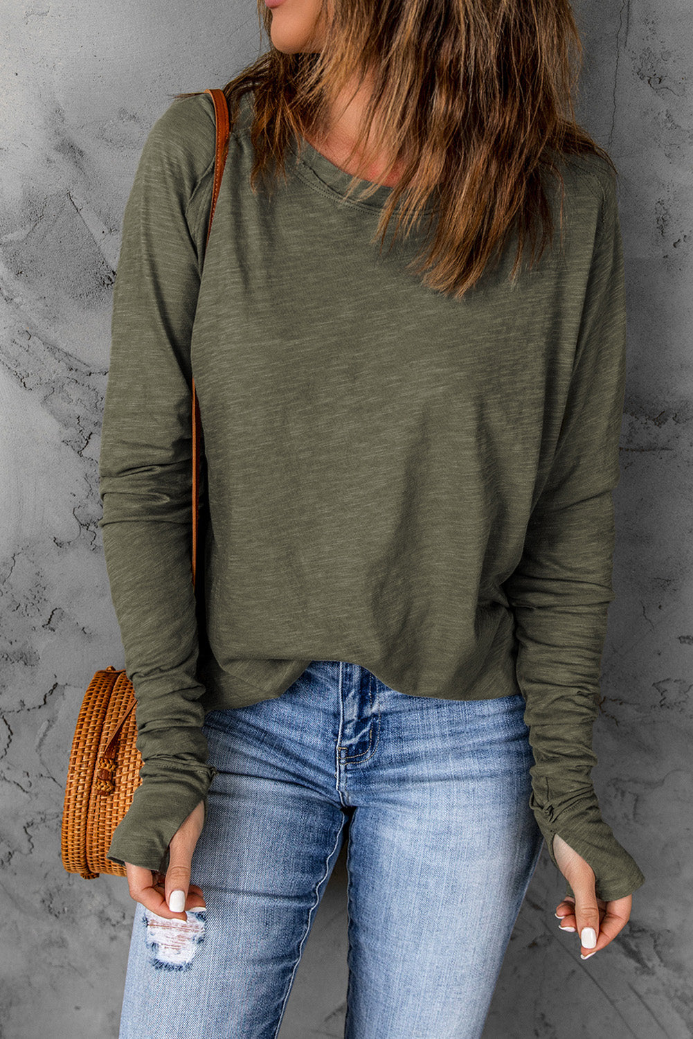 Red Solid Crew Neck Long Sleeve Top