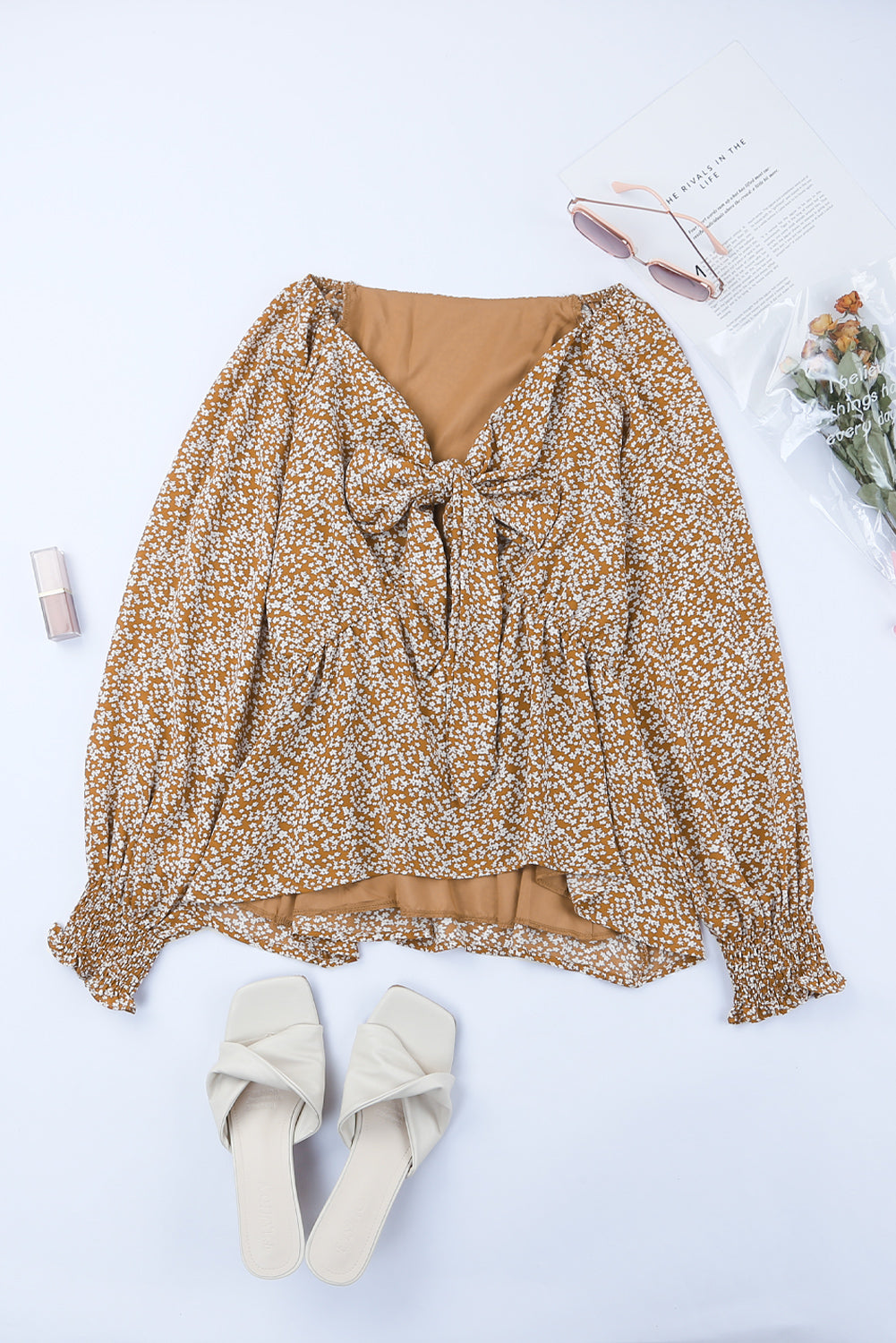 Bohemian Floral Print Front Tie Ruffled Long Sleeve Blouse