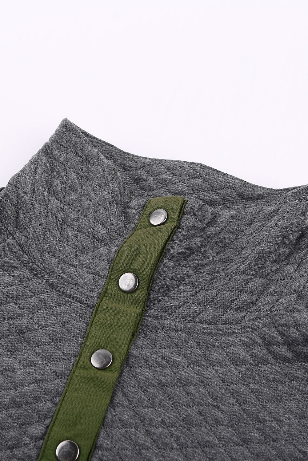 Dark Gray Quilted Snaps Stand Neck Sweatshirt with Fake Front Pocket