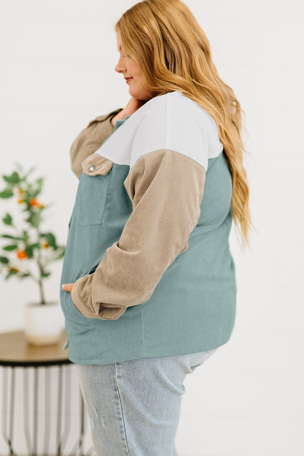 Multicolor Color Block Buttoned Pocket Corduroy Plus Size Jacket