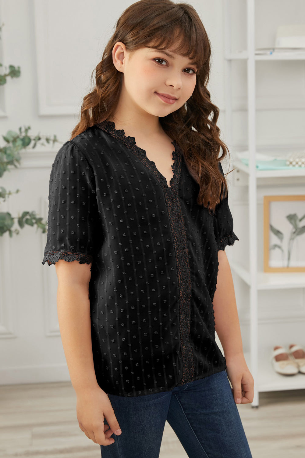 Sky Blue Swiss Dot Lace Short Sleeve Girls Top
