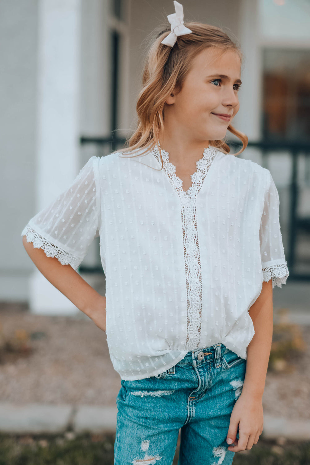 Sky Blue Swiss Dot Lace Short Sleeve Girls Top
