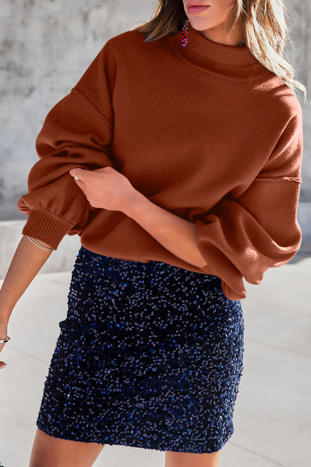 Black Turtleneck Drop Shoulder Bubble Sleeve Knit Sweater