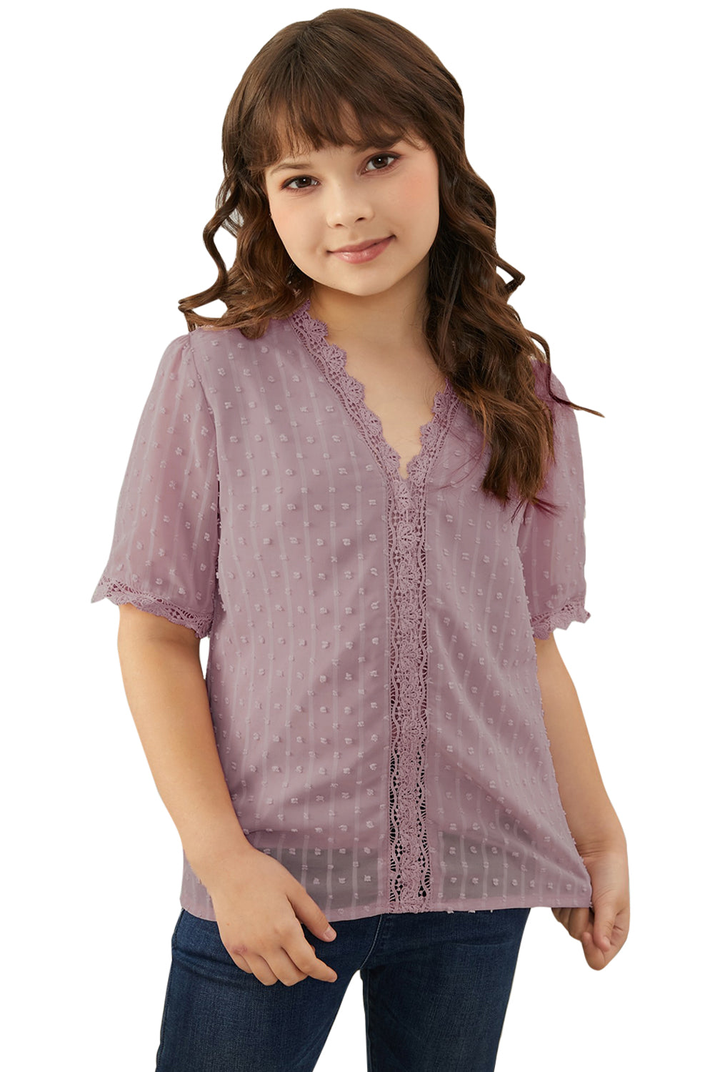 Sky Blue Swiss Dot Lace Short Sleeve Girls Top