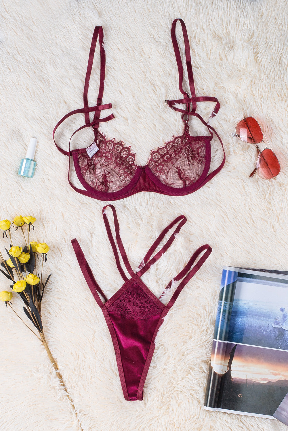 Red Strappy Velvet Patchwork Lace Bra and Panty Set