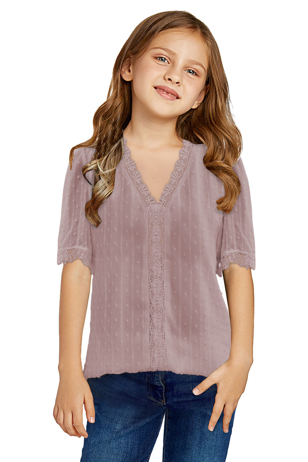 Sky Blue Swiss Dot Lace Short Sleeve Girls Top