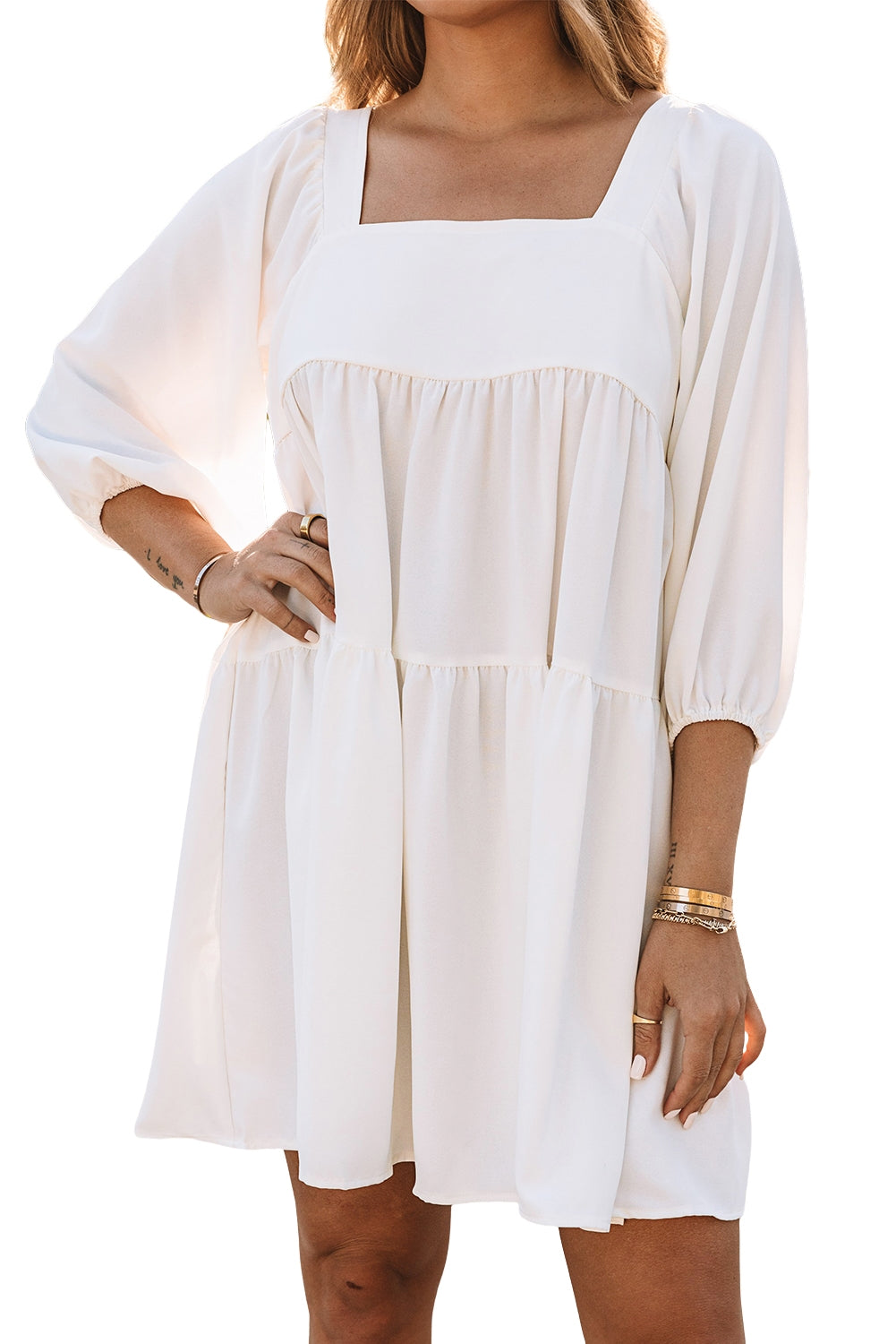 Brown Square Neck Half Sleeve High Low Mini Dress