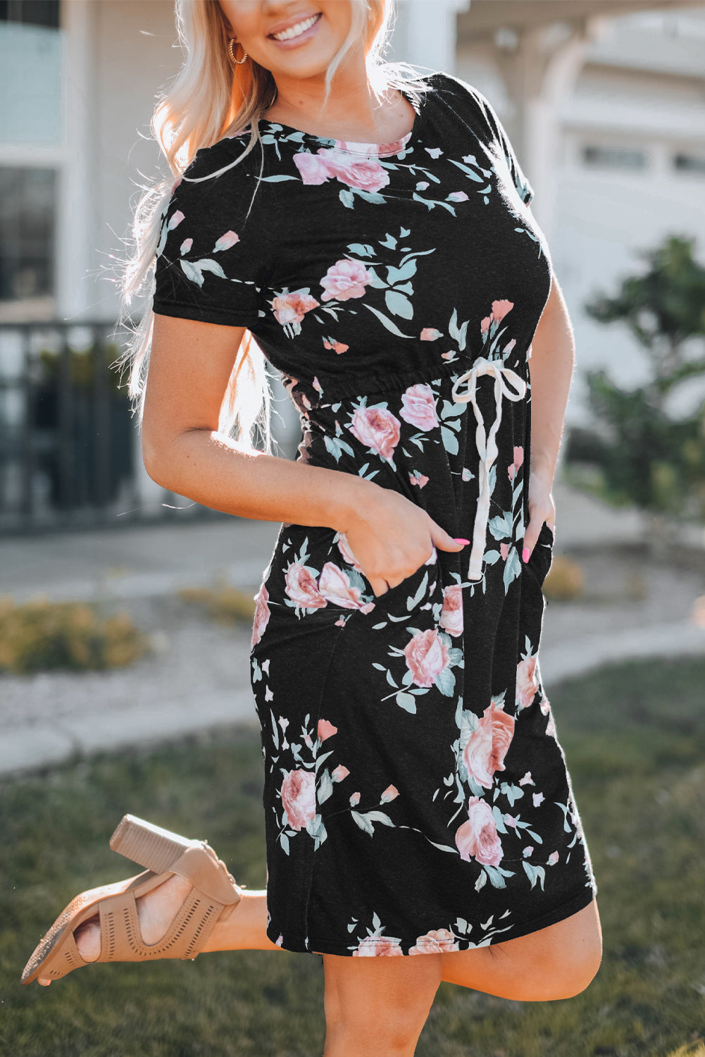 Leopard Short Sleeve Pocketed Drawstring Casual Dress