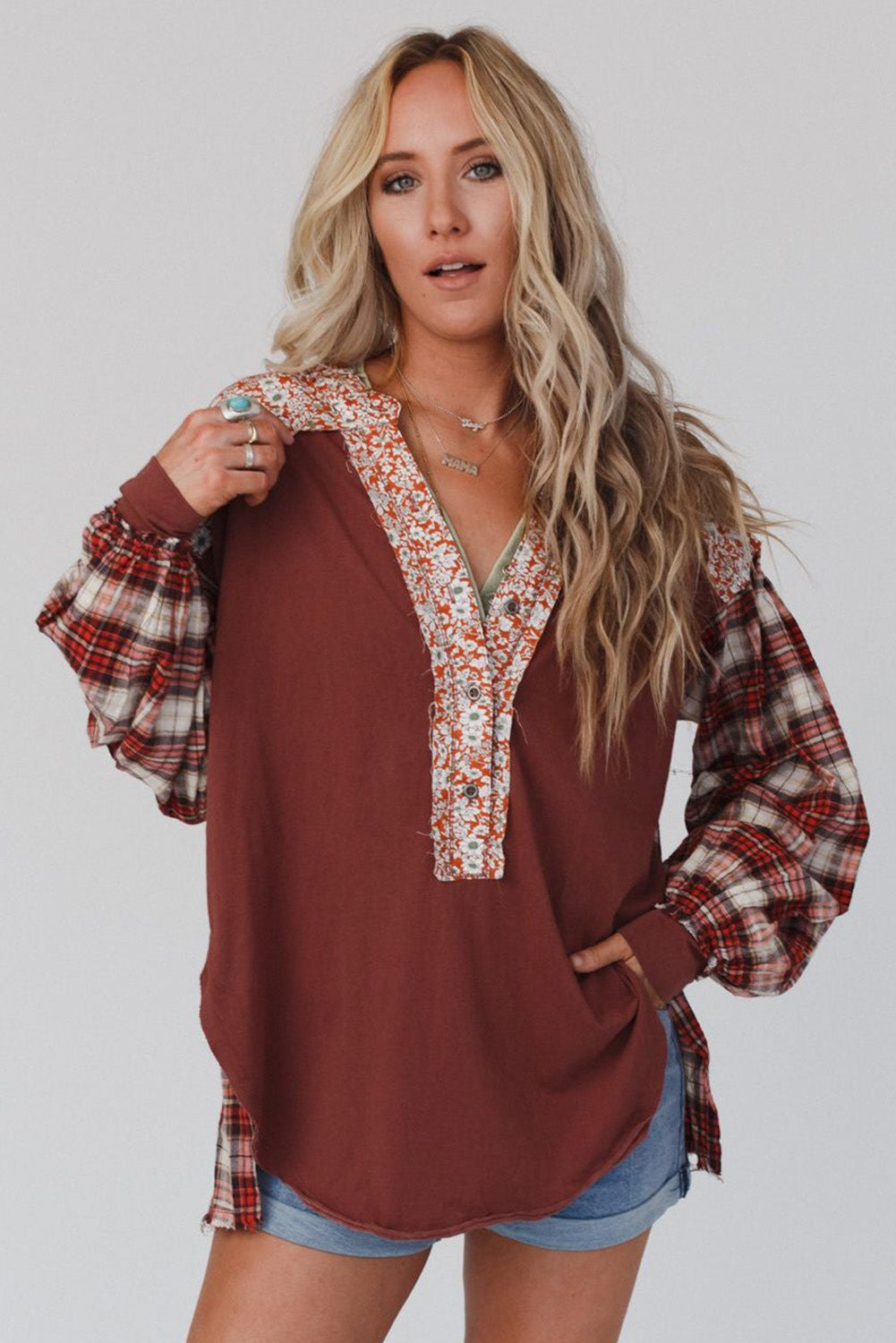 Yellow Floral Plaid Mixed Print Bishop Sleeve Patchwork Top