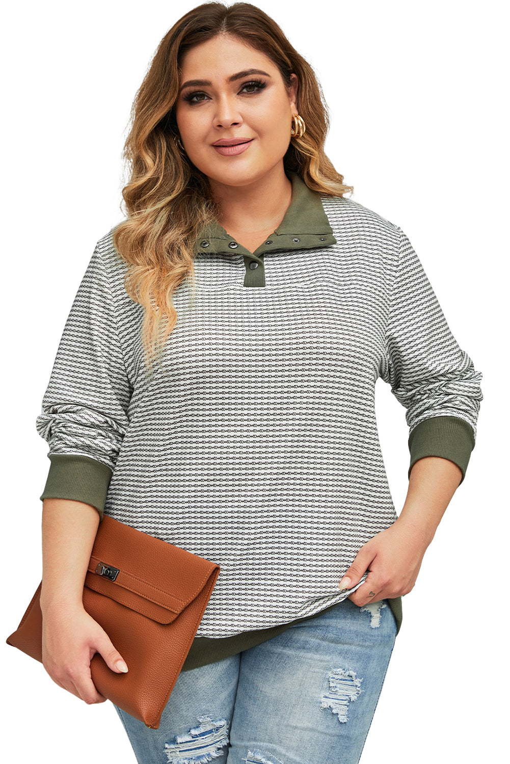 Green Striped Contrasting Trim plus Size Henley Pullover