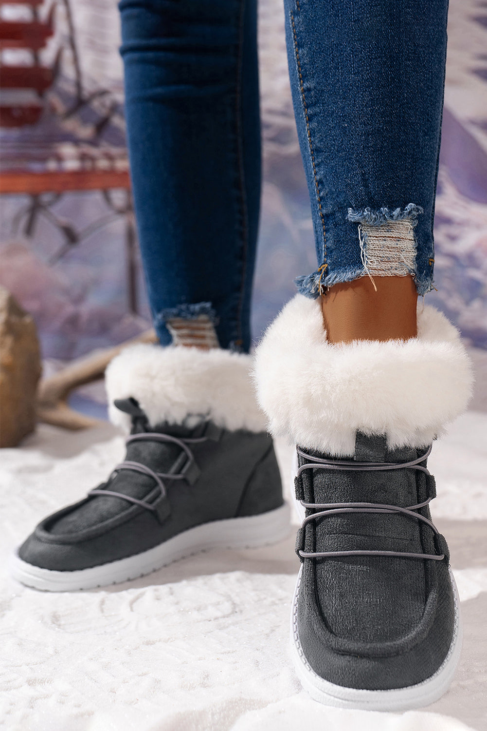 Black Suede Square Toe Plush Lined Drawstring Ankle Boots