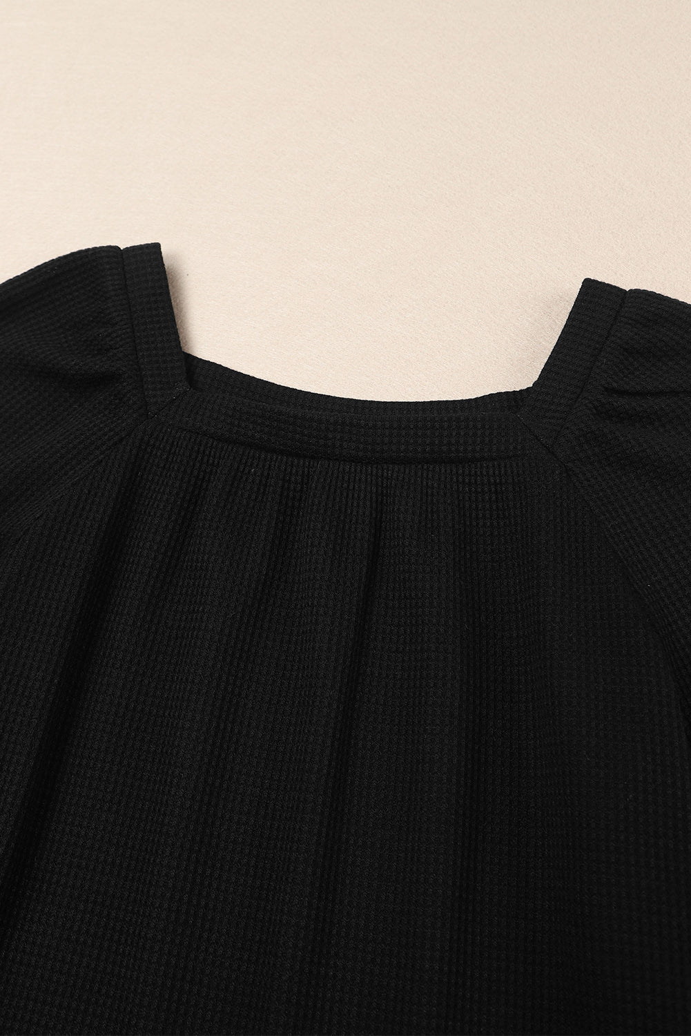 Brown Scoop Neck Puff Sleeve Waffle Knit Top