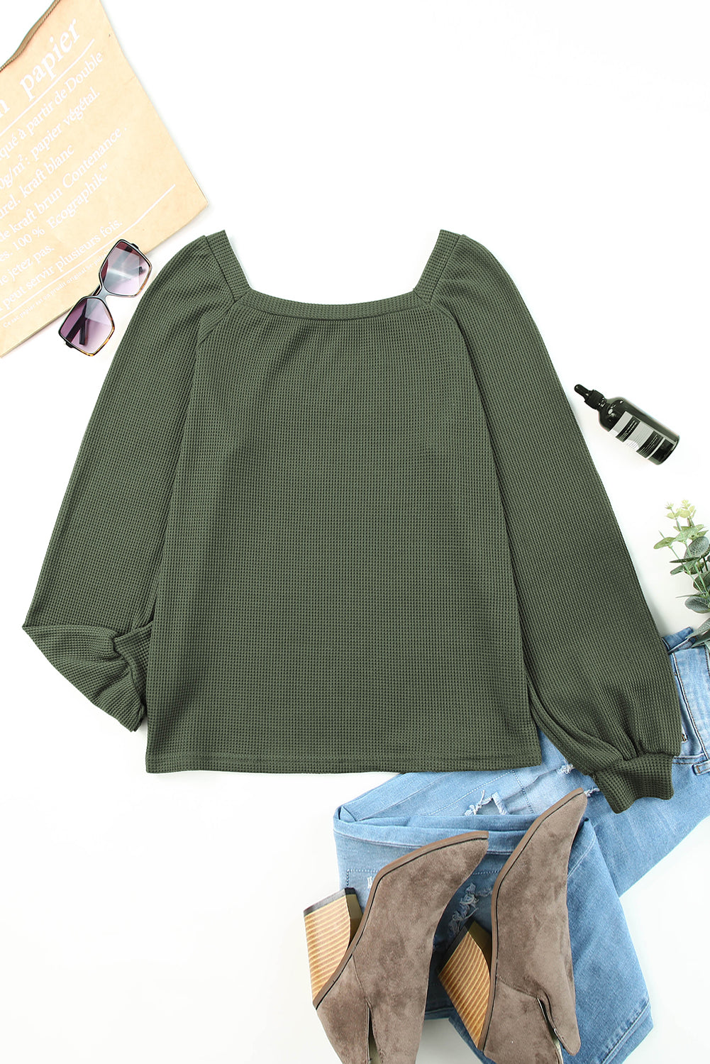 Brown Scoop Neck Puff Sleeve Waffle Knit Top