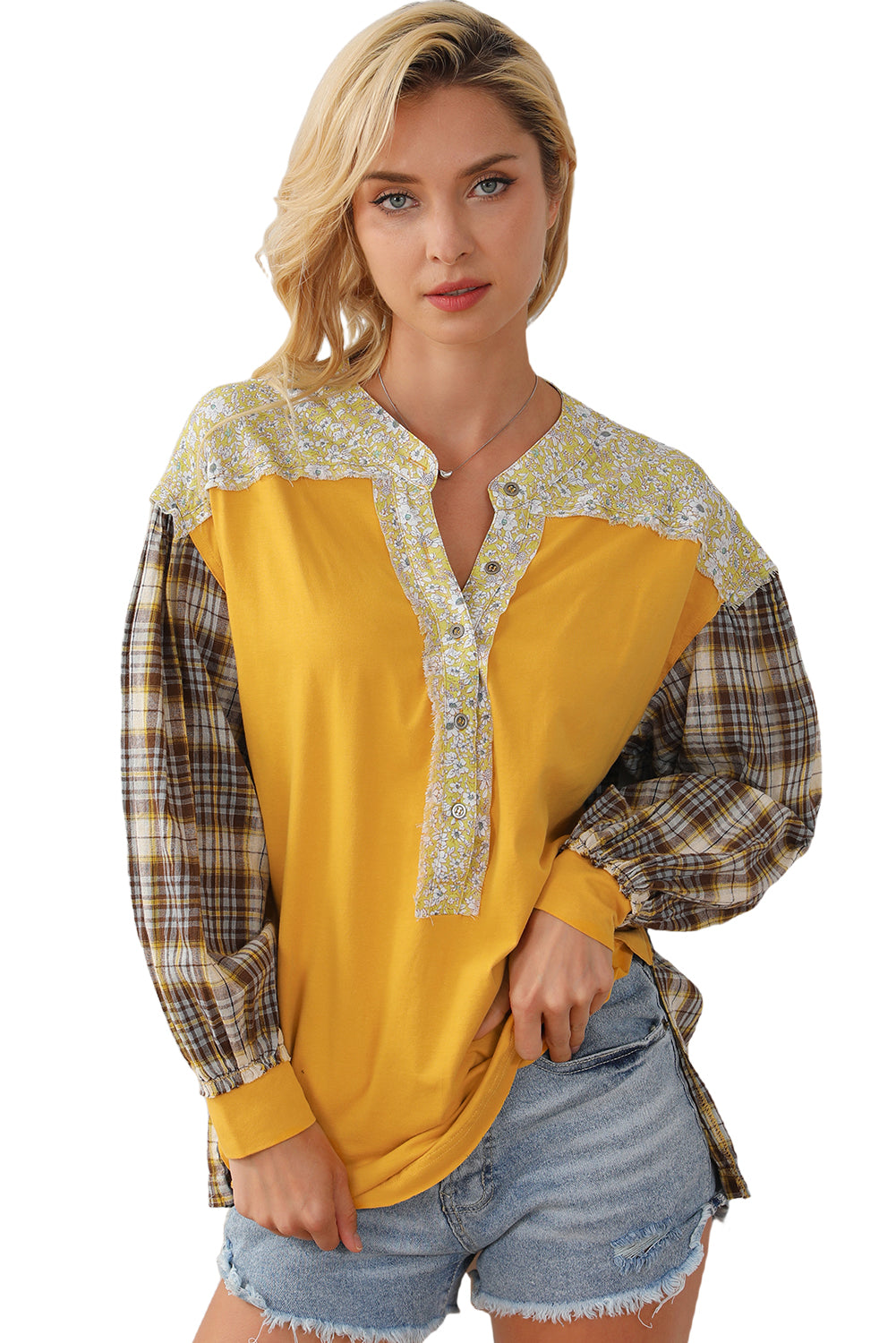 Yellow Floral Plaid Mixed Print Bishop Sleeve Patchwork Top