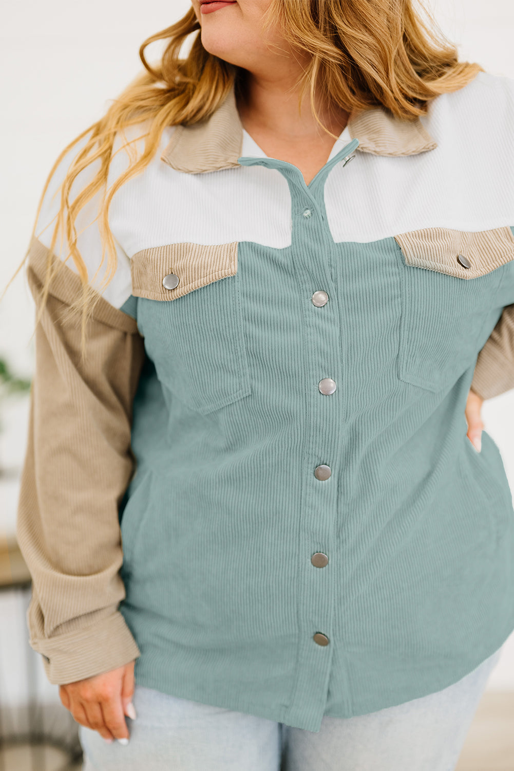 Multicolor Color Block Buttoned Pocket Corduroy Plus Size Jacket
