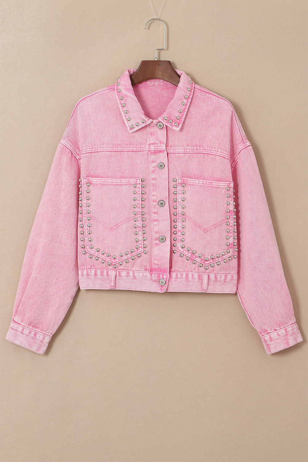 Light French Beige Rivet Studded Pocketed Denim Jacket