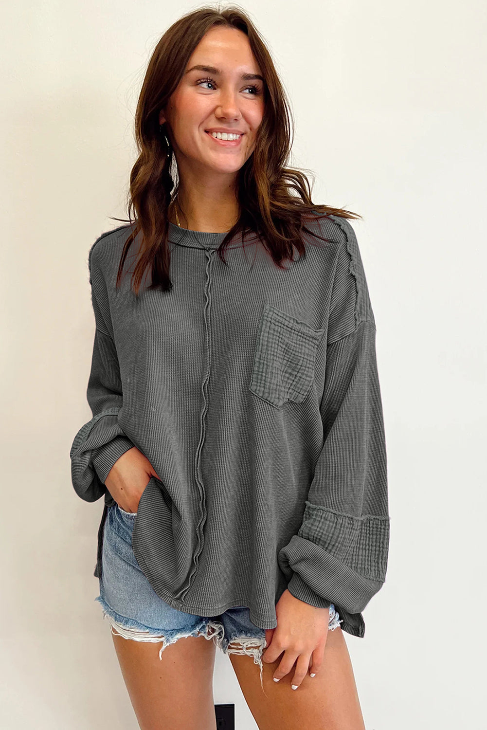 Pink Exposed Seam Patchwork Bubble Sleeve Waffle Knit Top