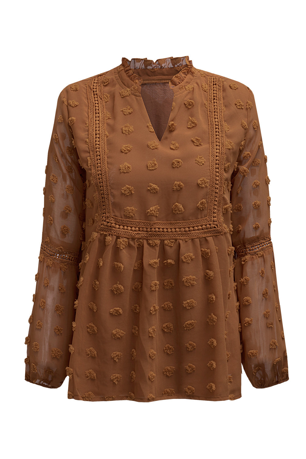 Black Swiss Dot Split Neck Ruffle Babydoll Blouse