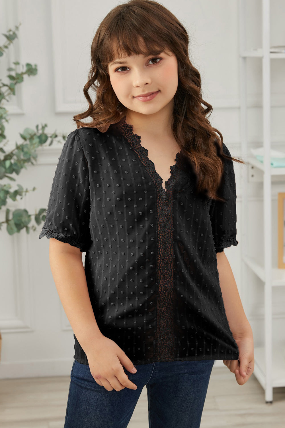 Sky Blue Swiss Dot Lace Short Sleeve Girls Top