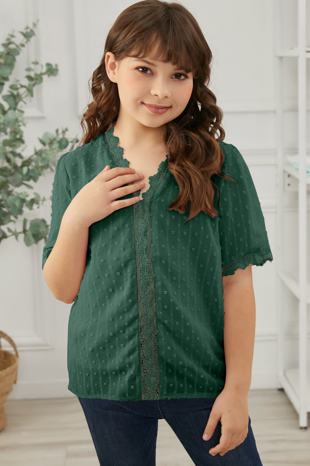 Sky Blue Swiss Dot Lace Short Sleeve Girls Top
