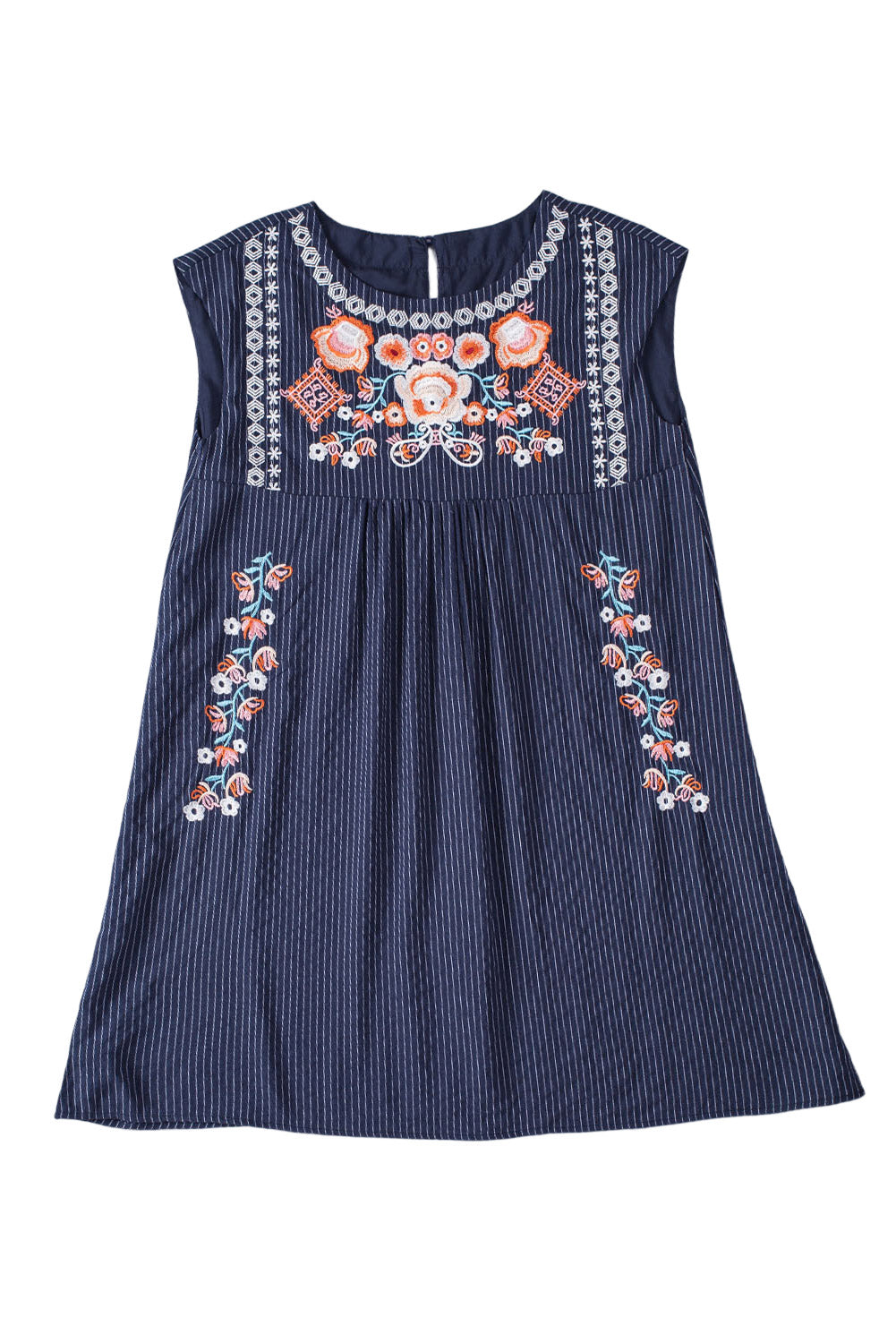 Gray Embroidered Striped Print Sleeveless Mini Dress