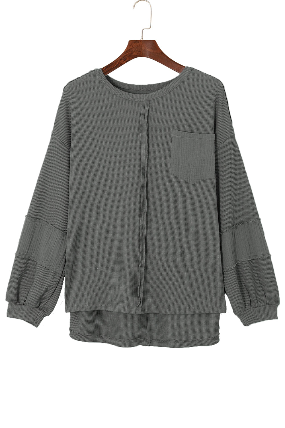 Pink Exposed Seam Patchwork Bubble Sleeve Waffle Knit Top