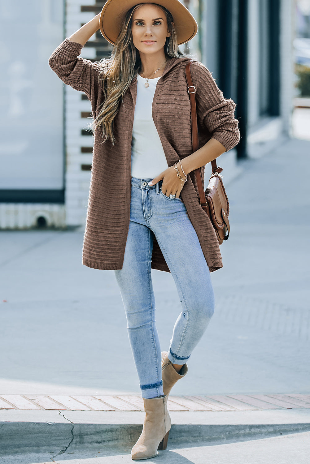 Gray Horizontal Rib Knitted Open Front Hooded Cardigan