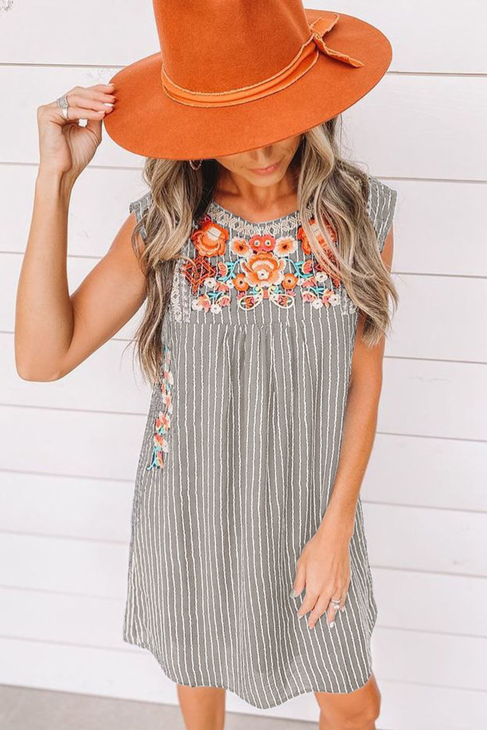 Gray Embroidered Striped Print Sleeveless Mini Dress