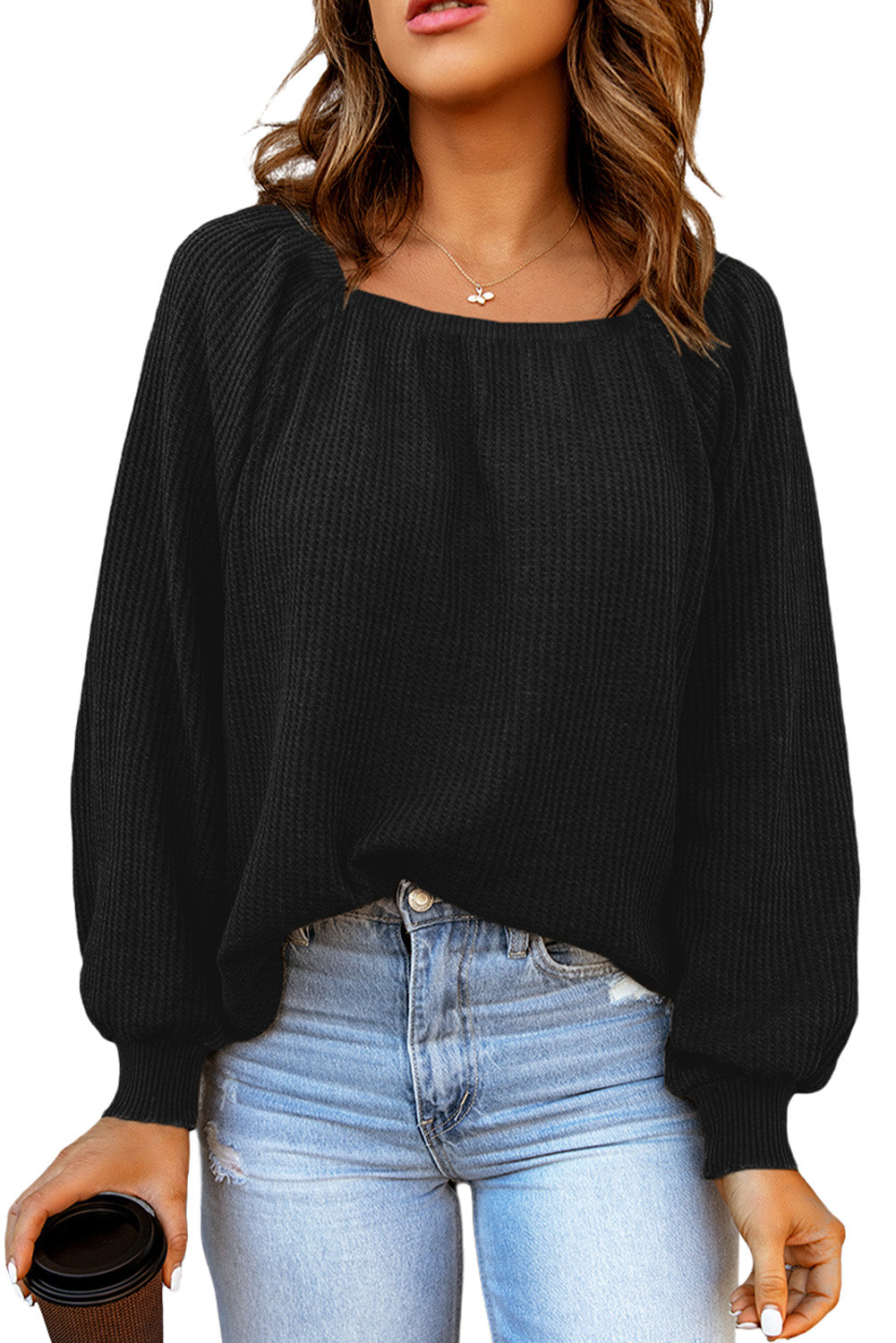 Brown Scoop Neck Puff Sleeve Waffle Knit Top
