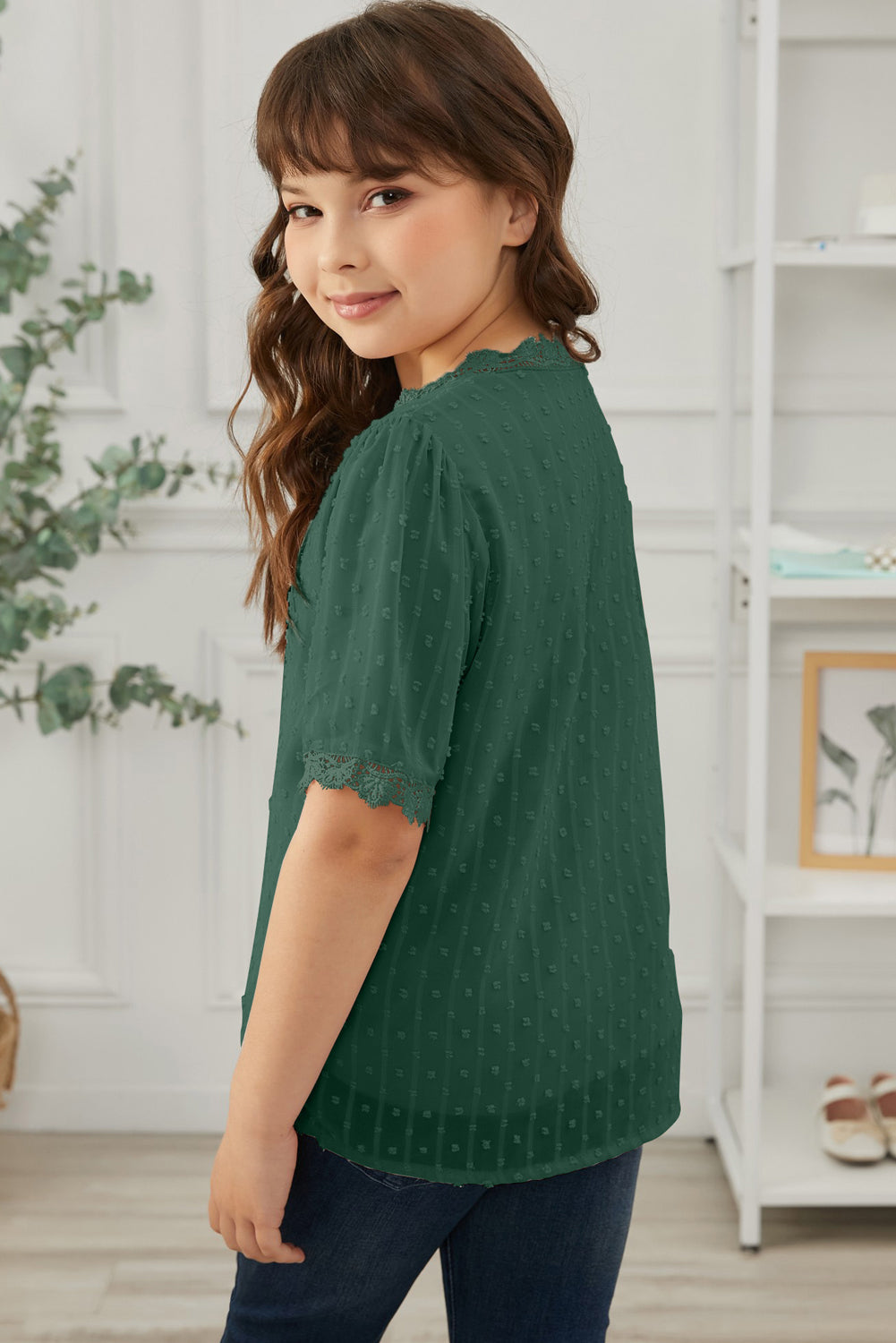 Sky Blue Swiss Dot Lace Short Sleeve Girls Top