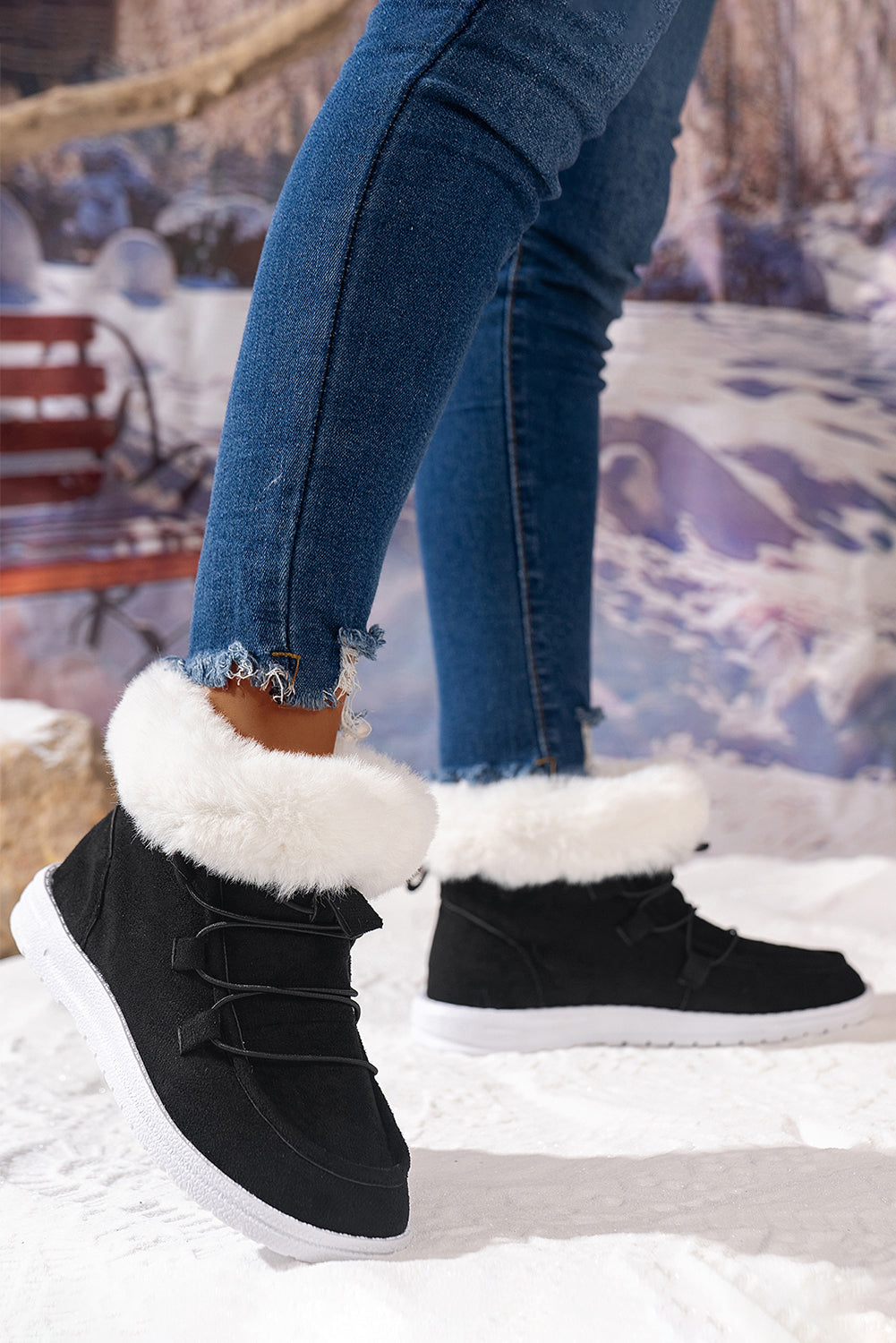 Black Suede Square Toe Plush Lined Drawstring Ankle Boots
