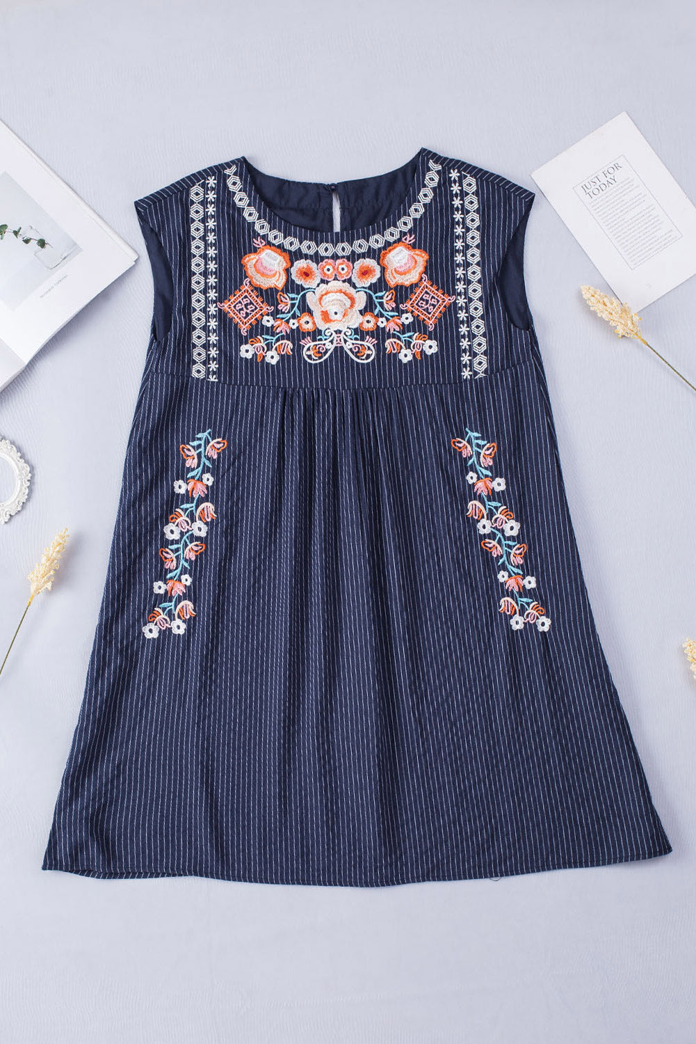 Gray Embroidered Striped Print Sleeveless Mini Dress