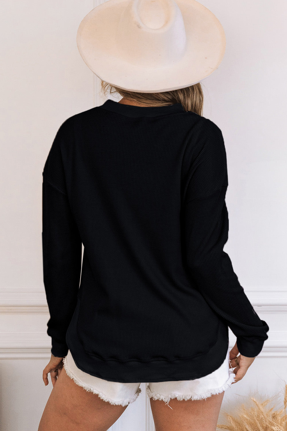 Apricot Crew Neck Ribbed Trim Waffle Knit Top
