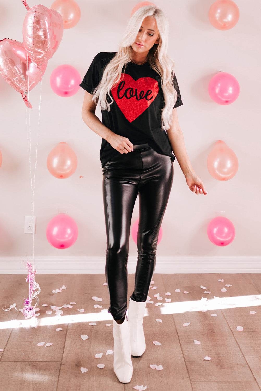 Love Heart Shaped Glitter Print Short Sleeve T Shirt