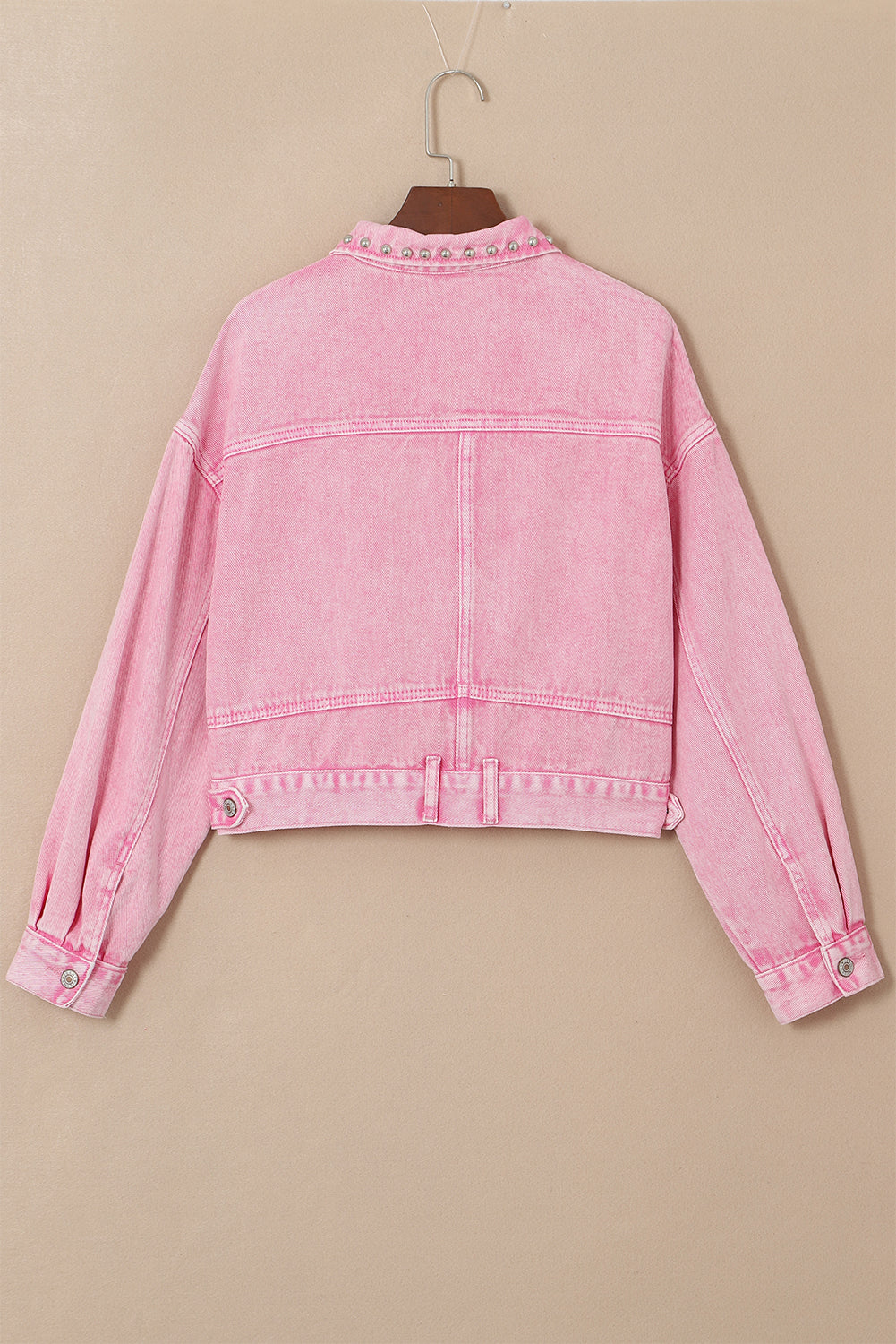 Light French Beige Rivet Studded Pocketed Denim Jacket