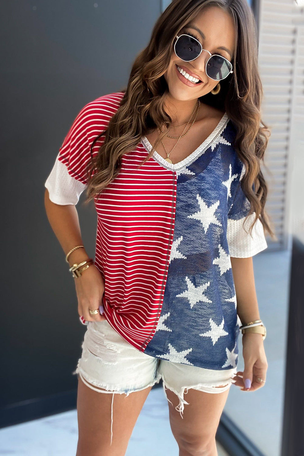 Blue Stripes Stars Print Knit Short Sleeves Top