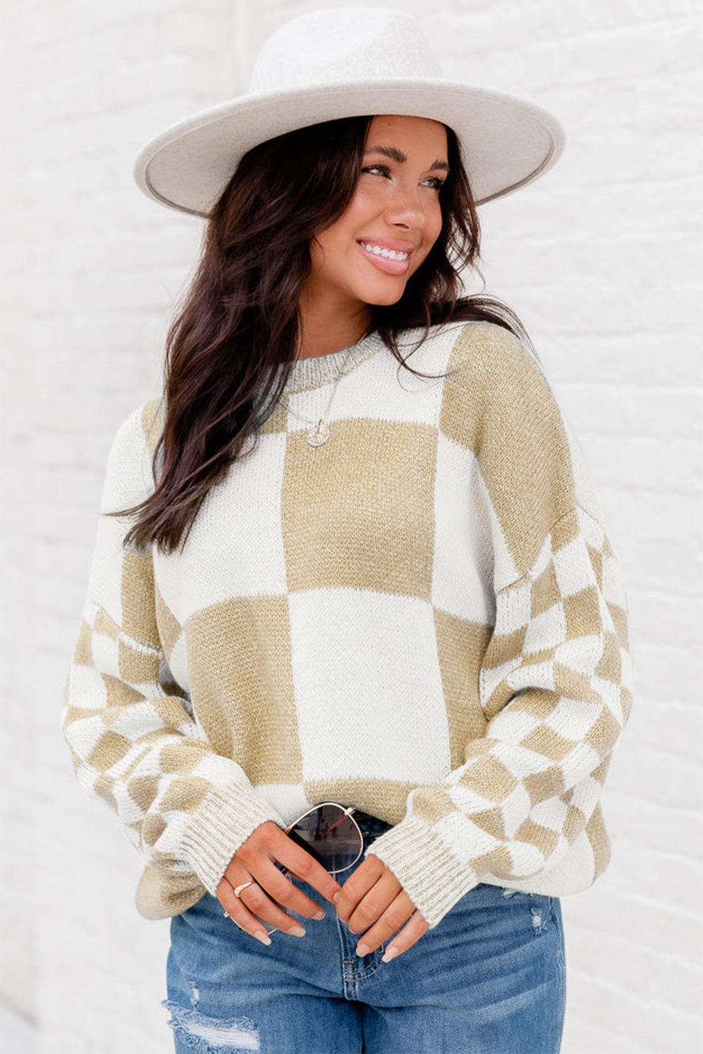 Black Checkered Print Drop Shoulder Sweater