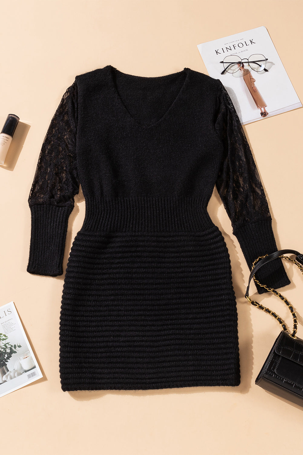 Black Lace Sleeve Patchwork Sweater Dress