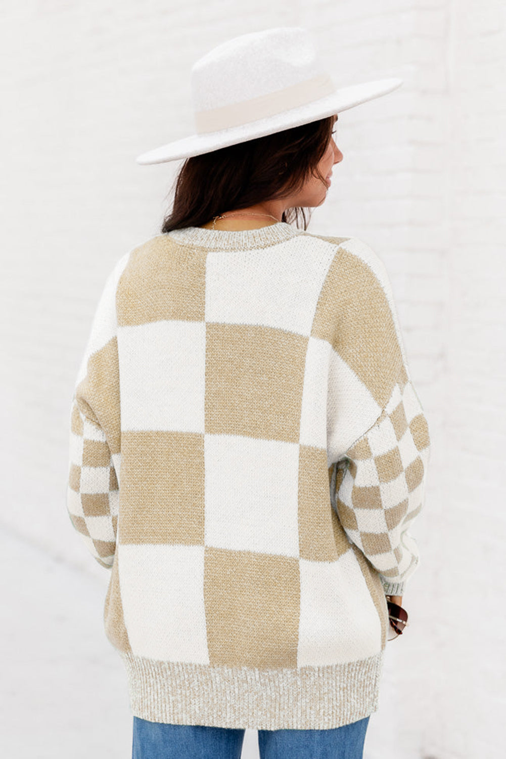 Black Checkered Print Drop Shoulder Sweater